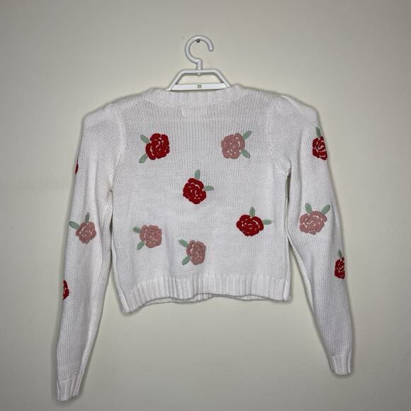 Women's White Pink Rose Embroidered Rose Flowers Cropped Sweater Twee Cottage M - Picture 4 of 8